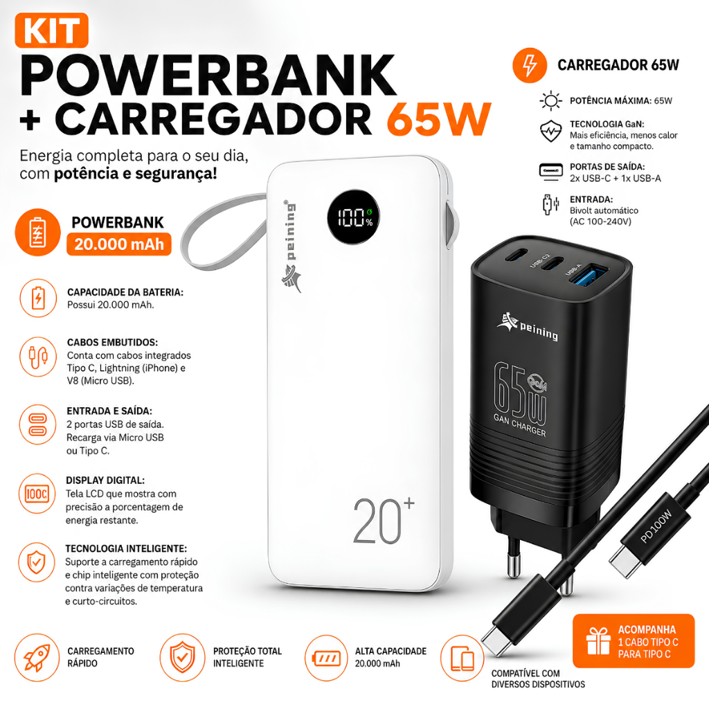 Kit Power Bank 20000mah E Carregador 65w Super Rápido Tipo C