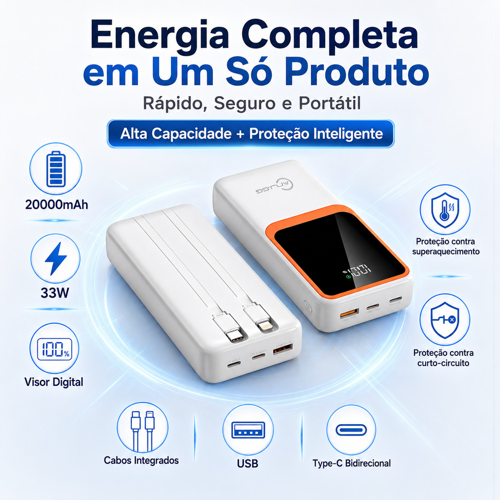 Power Bank 20000mAh 33W Super Rápido com Duas Saídas de Cabo + USB Branco