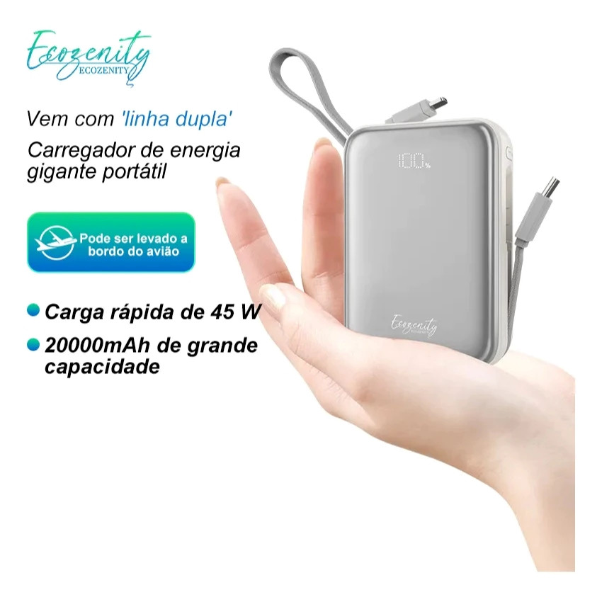 Carregador Portátil Power Bank 20000mAh, Super Rápido 45W