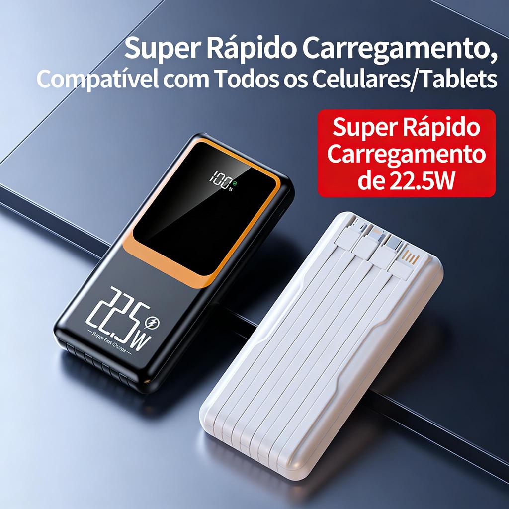 Carregador Portátil 20000mAh com Carregamento Super Rápido de 22.5W, Display Digital e Cabo Embutido