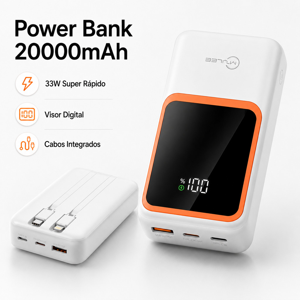 Power Bank 20000mAh Super Rápido 33W Com USB Tipo C E Cabos Integrados