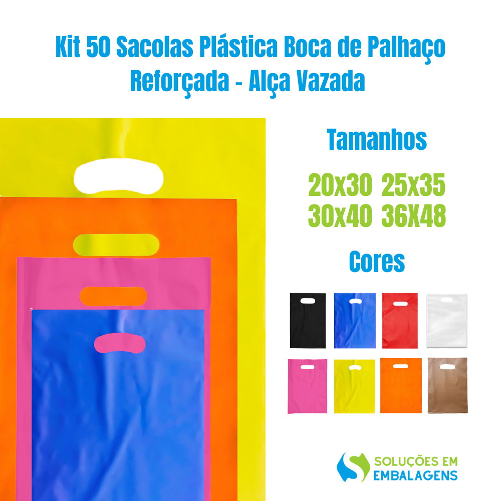 Sacolas Plásticas Boca de Palhaço / Alça Camiseta - Kit 50 Unidades