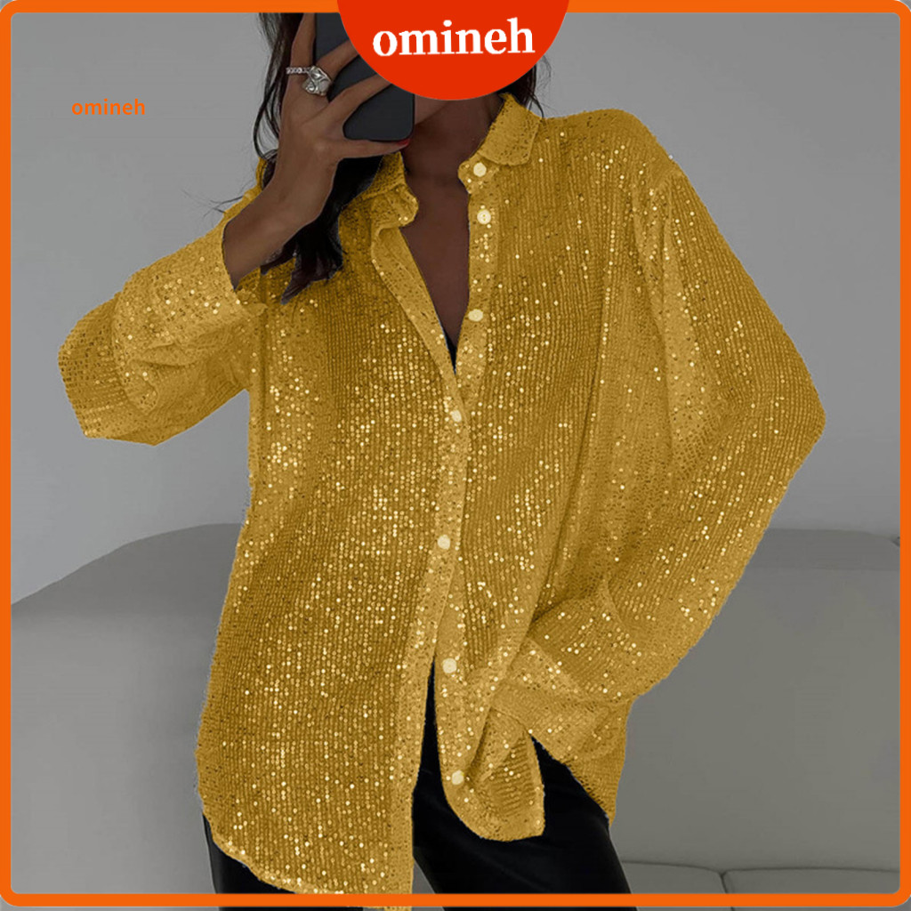 Women Lapel Shirt Ribbed Fabric Top Women’s Shiny Sequin Long Sleeve Loose Fit Cardigan with Hidden Buttons Stylish Ni