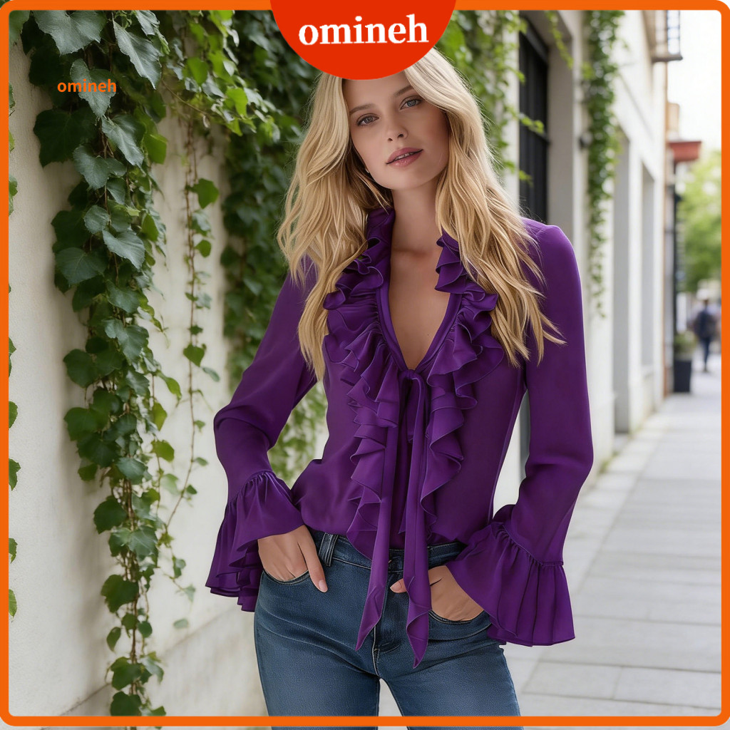 Women Shirt Blouse Women’s V-neck Ruffle Trim Long Sleeve Chiffon – Office Workwear Top Flared Pure Color for Ladies