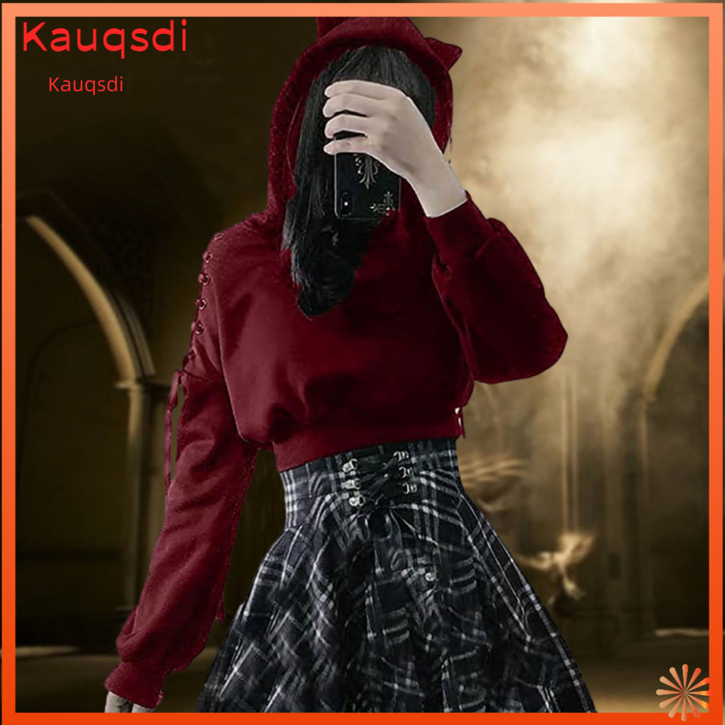 Shoulder Women Sweatshirt Halloween Autumn Women’s Loose Fit Hoodie Hollow Out Lace-up Long Sleeve Cropped for Southea