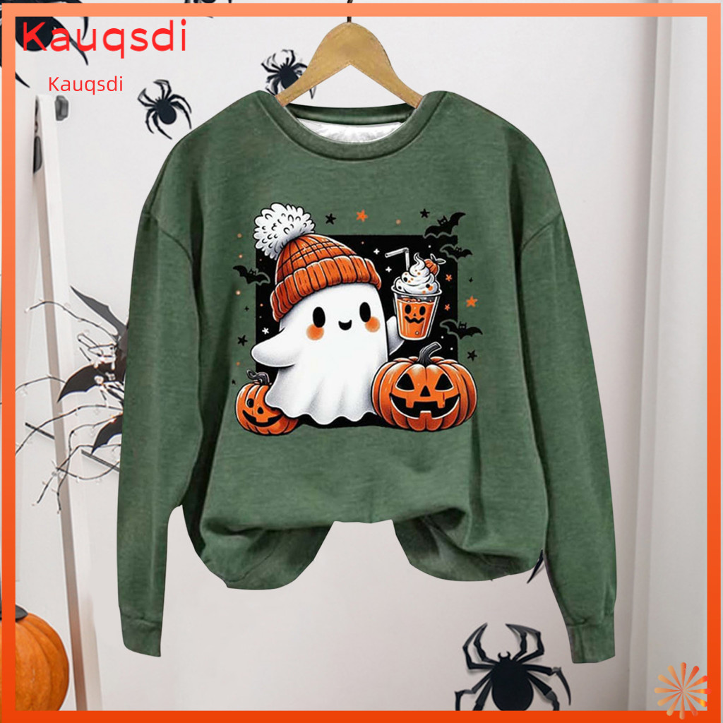 Cartoon Ghost Sweatshirt Women’s Halloween Pumpkin Bat Print Crew Neck Long Sleeve Pullover Top Wear Sport Hoodie for