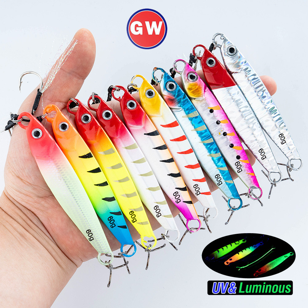 Pesca Em Mar Profundo Metal Gabarito Afundando Isca 10 Cores Laser Luminoso UV Jigging Forte Gancho Para Afundamento Ráp