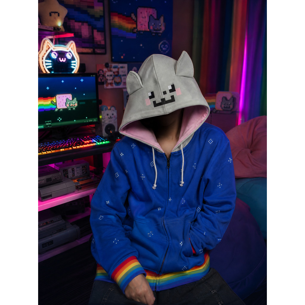 Nyan Cat Blue Pixel Face Orelhas Arco-Íris Listra Estrela Bordado Zíper Moletom Com Capuz
