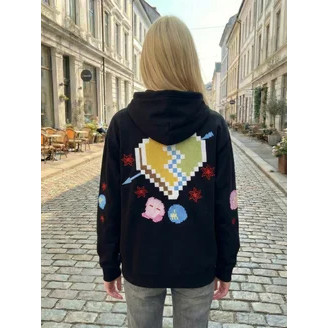 Y2K Feminino Preto Zip Hoodie Pixel Dos Desenhos Animados Estrela Coração Bordado Completo-Jaqueta Com Capuz Harajuku St