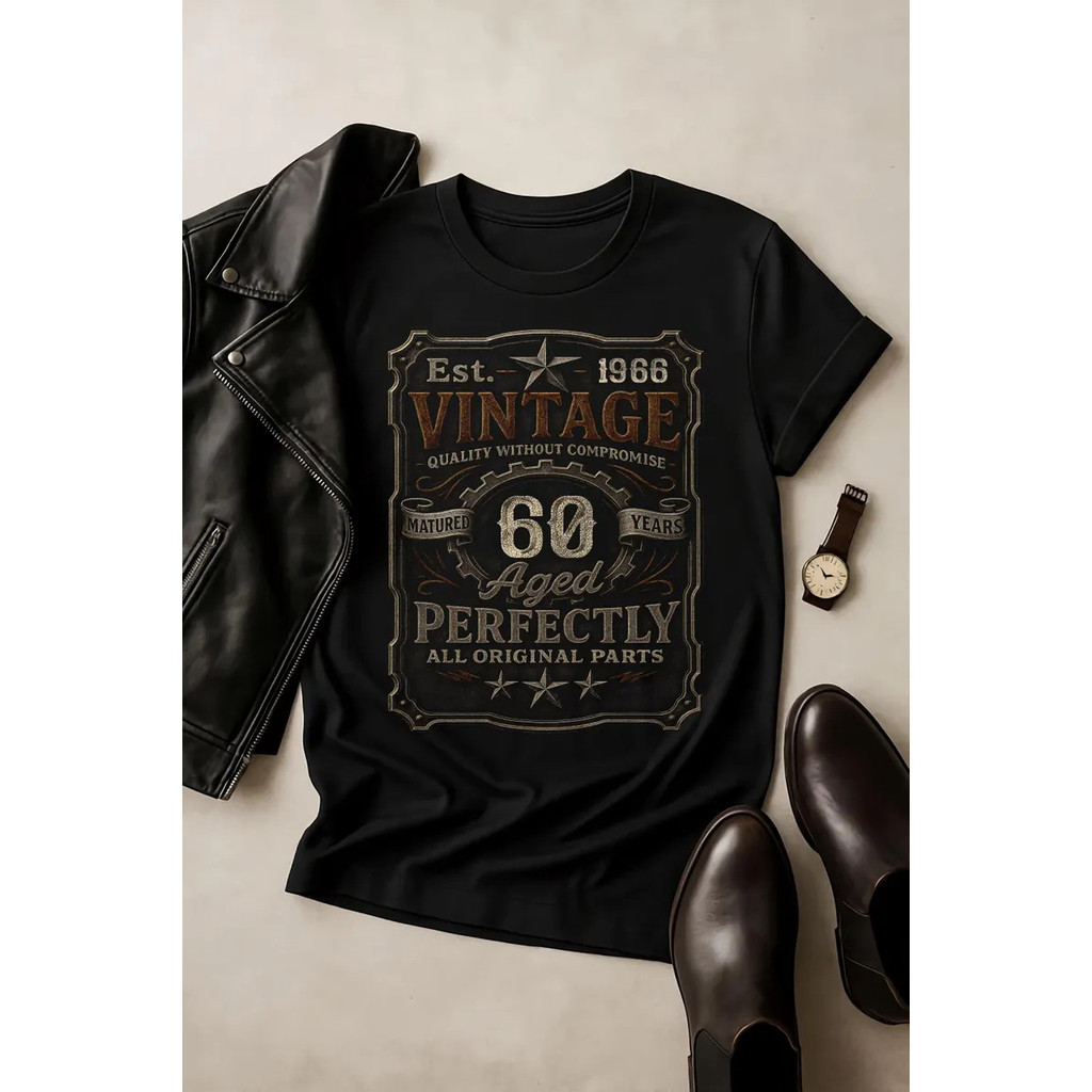 [Camiseta Premium em Algodão Puro]VU Vintage 60th Birthday Shirt, Aged 60 Perfectly Est 1966, Retro Birthday Gift Unisex