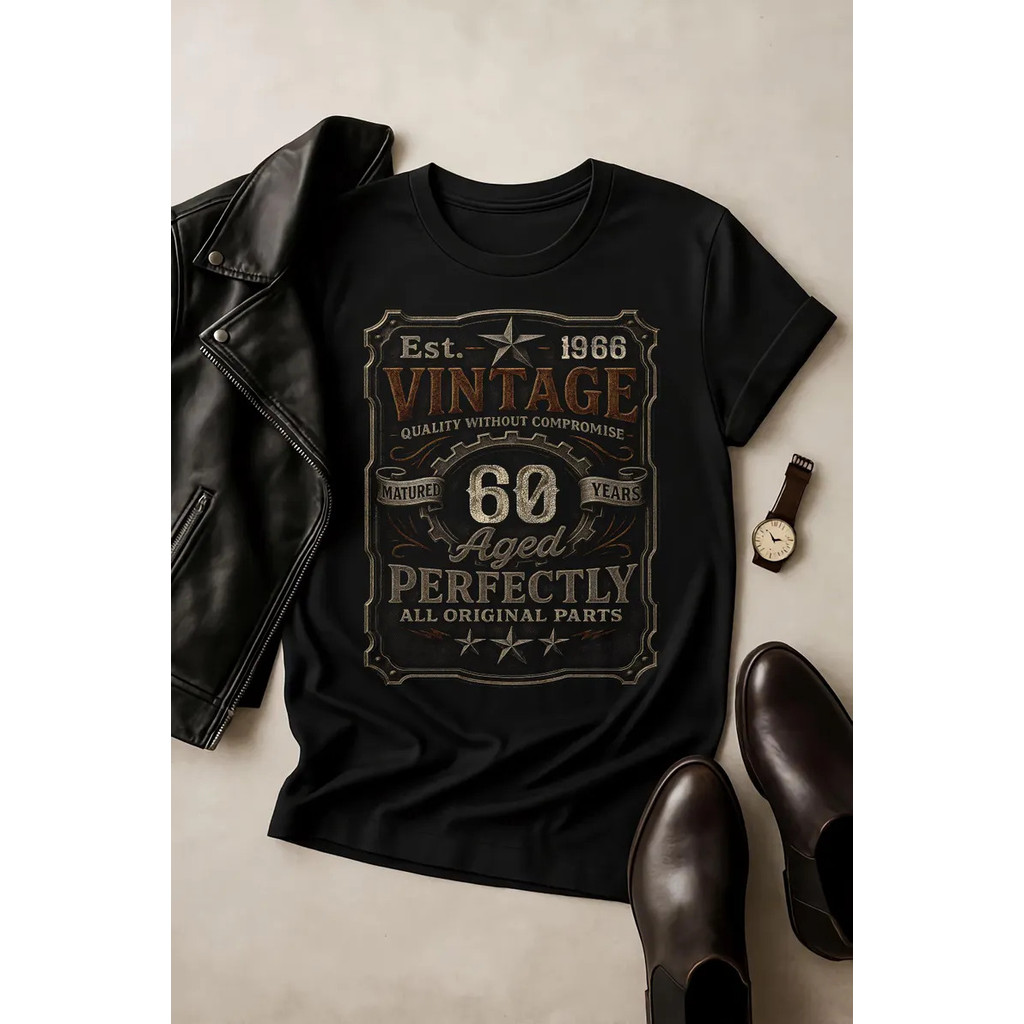 [Camiseta Premium em Algodão Puro]VU Vintage 60th Birthday Shirt, Aged 60 Perfectly Est 1966, Retro Birthday Gift Unisex