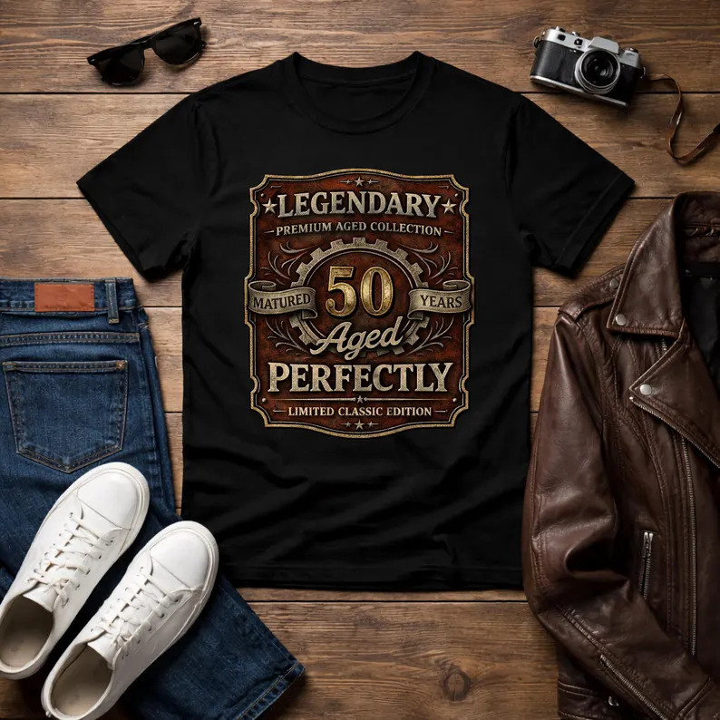 [Camiseta Premium em Algodão Puro]VU Vintage 50th Birthday Shirt, Aged 50 Perfectly Est 1976, Retro Birthday Gift Unisex