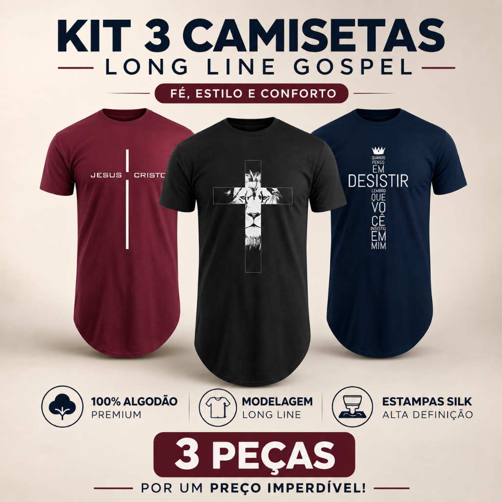 Kit 3 Camisetas Masculinas Gospel Longline oversized Swag Manga Curta Algodão Cristã slim Evangélica