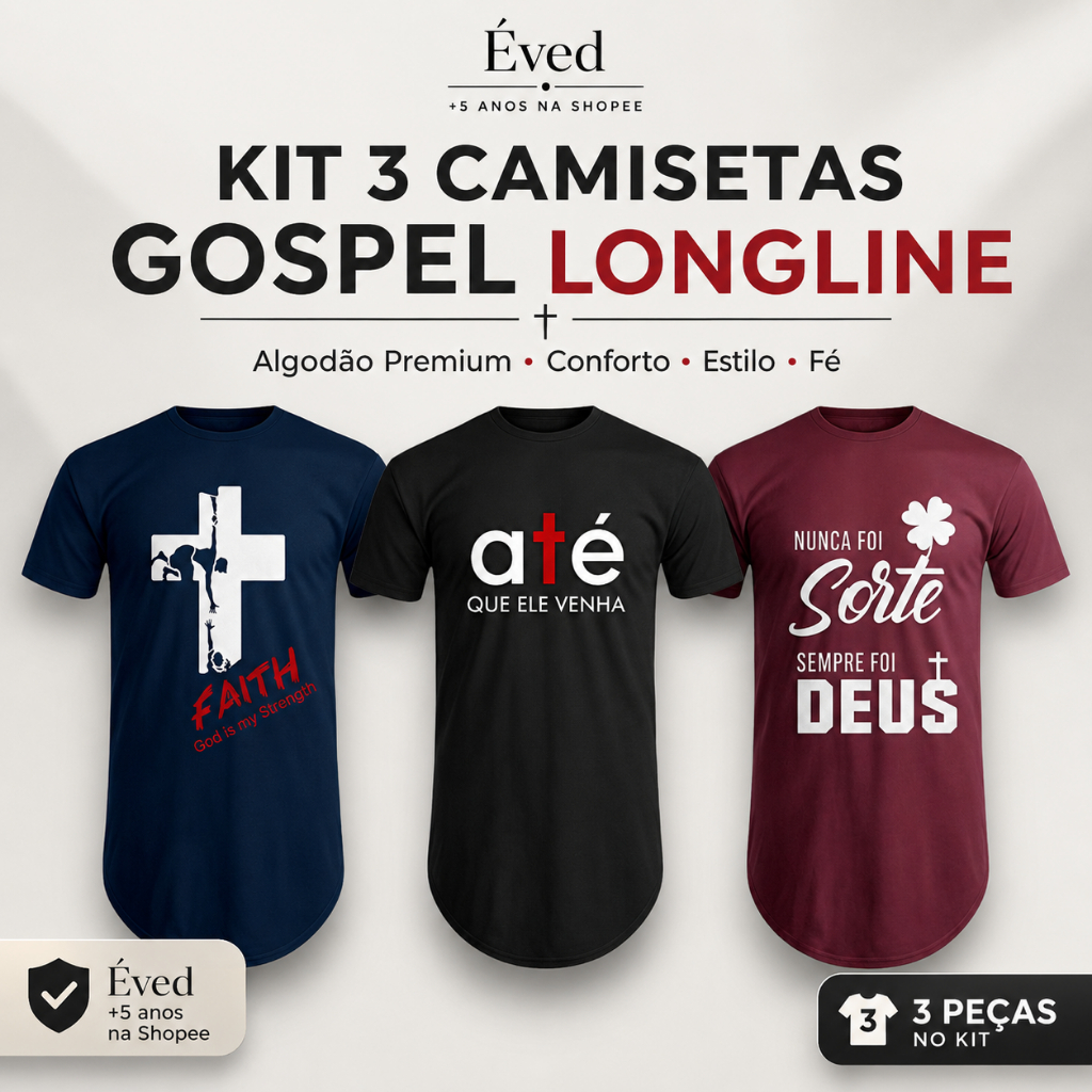Kit com 3 Camiseta Masculinas Estampada Gospel Longline oversized  Manga Curta Algodão Básica Cristã