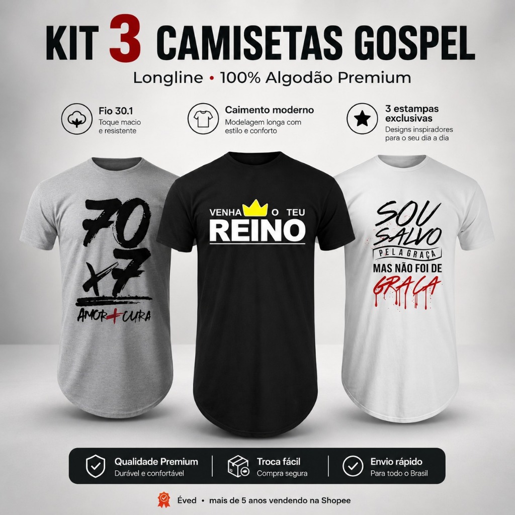 Kit com 3 Camiseta Masculinas Gospel Longline oversized Swag Manga Curta Algodão Básica Evangélica