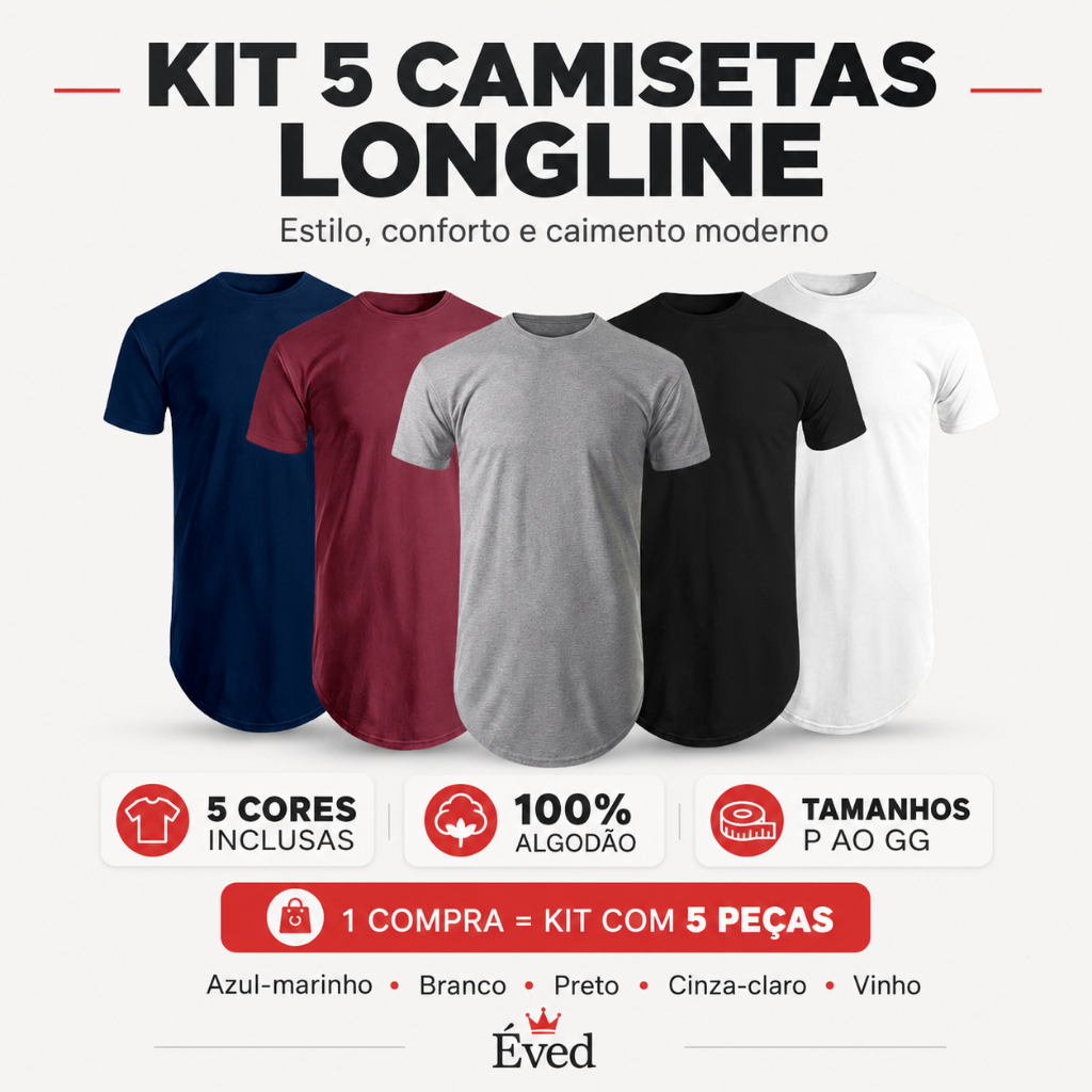Kit com 5 Camiseta Masculina Longline oversized Swag Básica Manga Curta Algodão