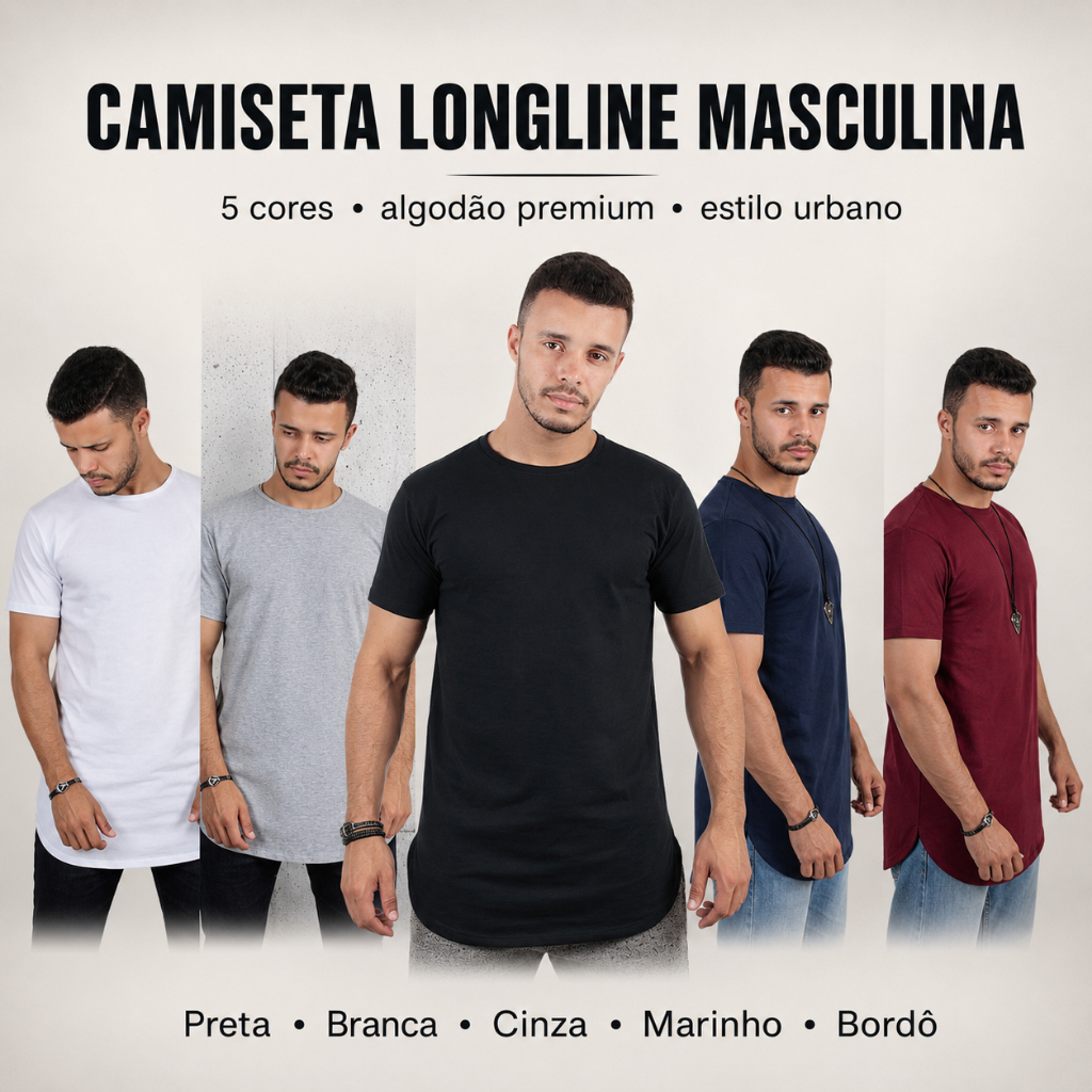 Camiseta Masculina Longline oversized Swag Básica Manga Curta Algodão
