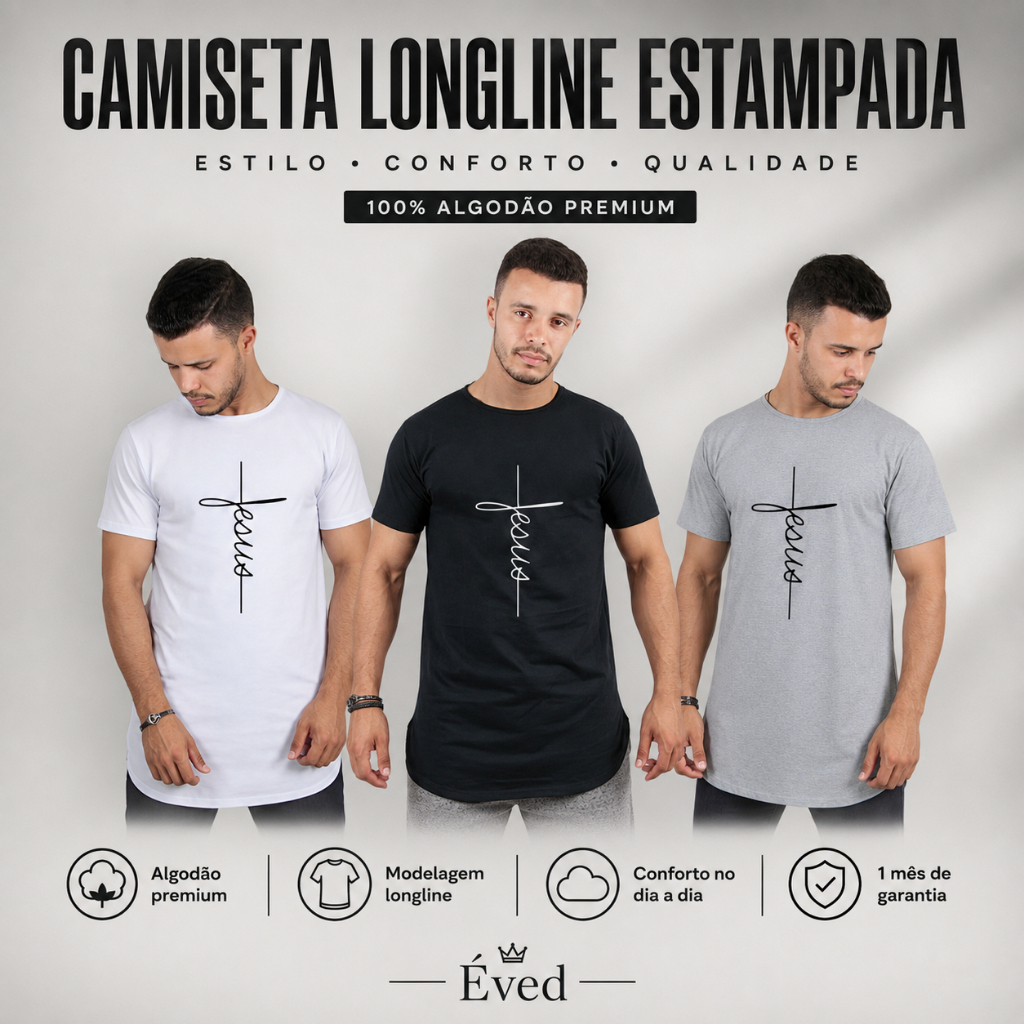 Camiseta Masculinas Estampada Gospel Long line oversized Swag Básica Evangélica Manga Curta Algodão