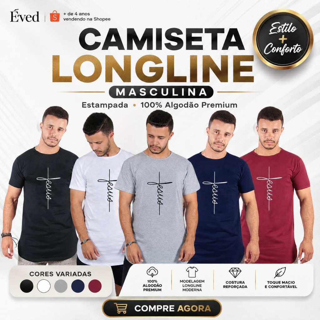 Camiseta Masculinas Gospel Long line oversized Swag Básica Evangélica Manga Curta Algodão Cristã