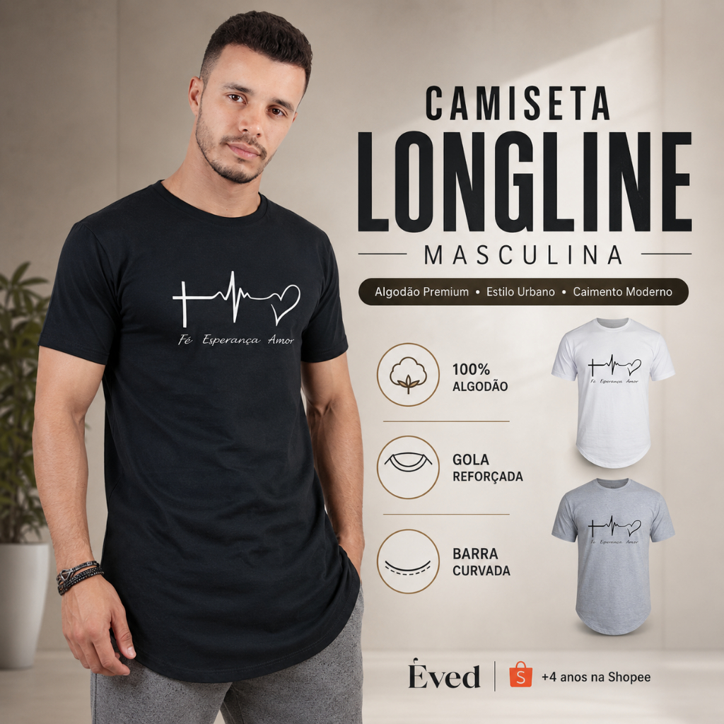 Camiseta Masculina Estampada Gospel Long line oversized Swag Básica Manga Curta Algodão Cristã slim