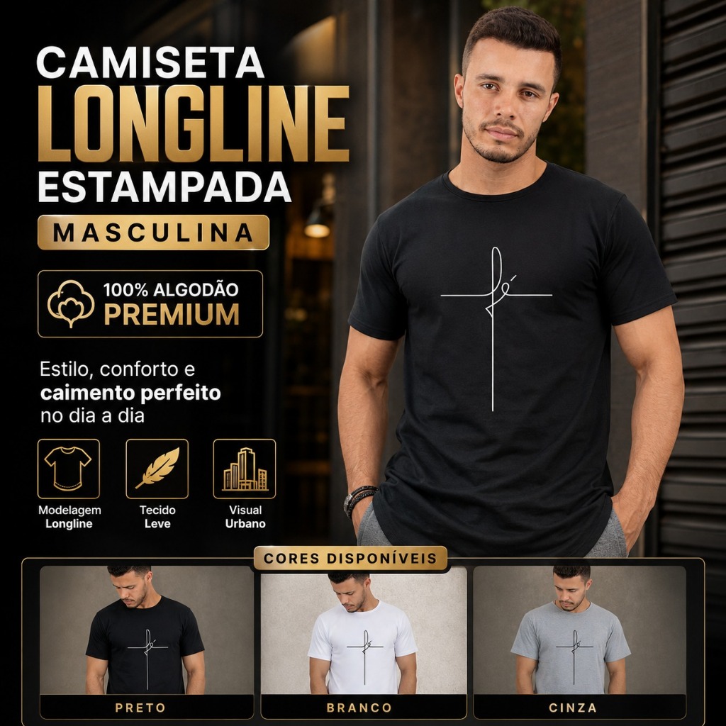 Camiseta Masculina Gospel Long line oversized Swag Básica Evangélica Manga Curta Algodão Cristã
