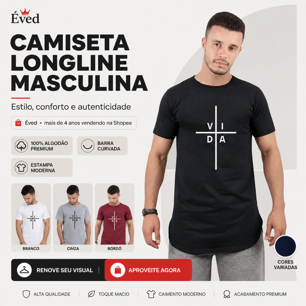 Camiseta Masculina Gospel Longline oversized Swag Básica Evangélica Manga Curta Algodão Cristã