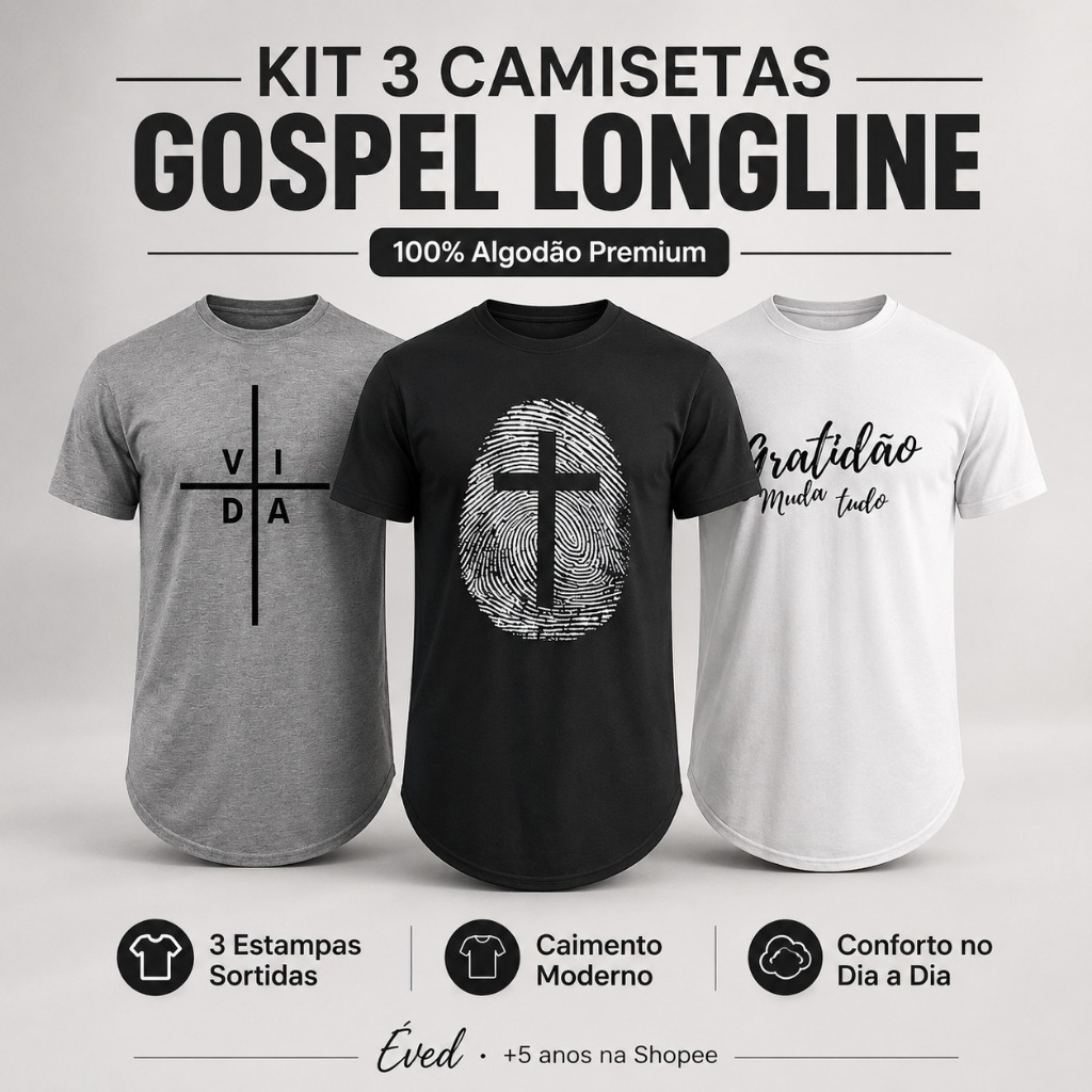 Kit com 3 Camiseta Masculina Gospel Longline Oversized Swag Manga Curta Algodão Cristã Evangélica