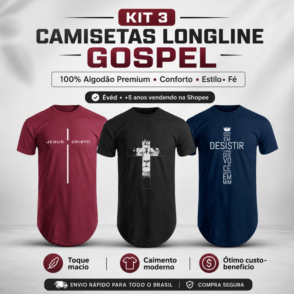 Kit 3 Camisetas Masculina Gospel Longline oversized Swag Manga Curta Algodão  Cristã slim Evangélica
