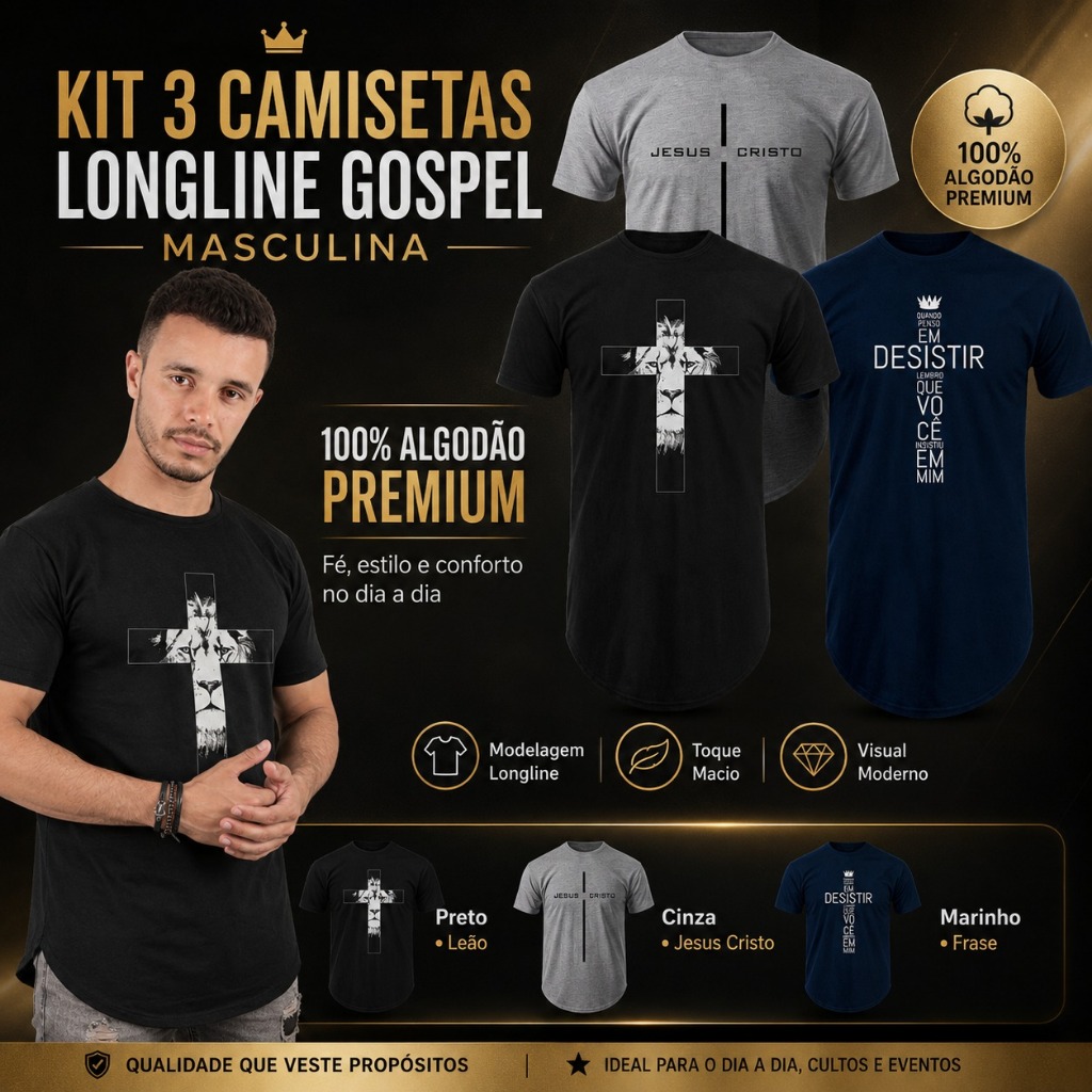 Kit com 3 Camiseta Masculina Estampadas Gospel Longline oversized Manga Curta Algodão Evangélica
