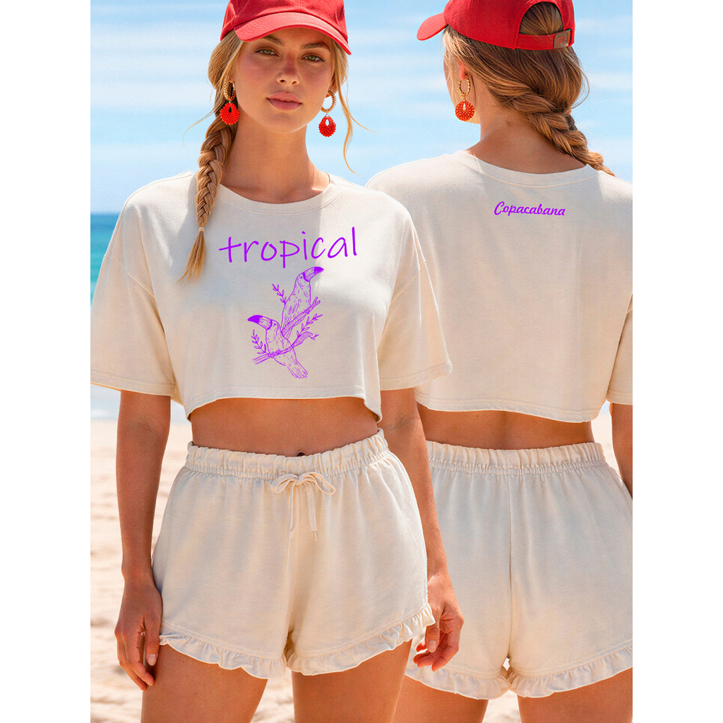 Cropped Streetwear Oversized Feminino Dois Tucano Tropical Blusinha Curta Larga Algodão Premium Estilo Urbano Verão