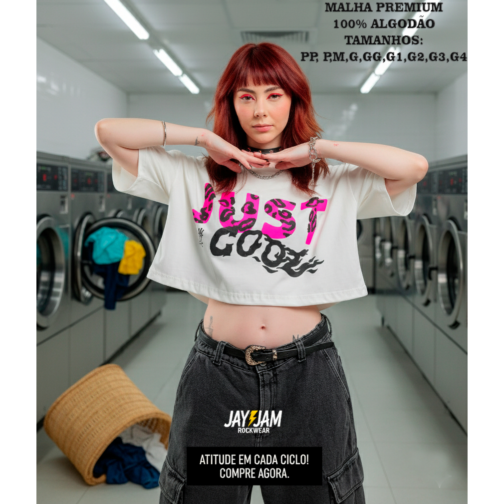 CROPPED OVERSIZED 'JUST COOL' Malha Premium | T-Shirt Feminina Estilosa, Soltinha e Curta