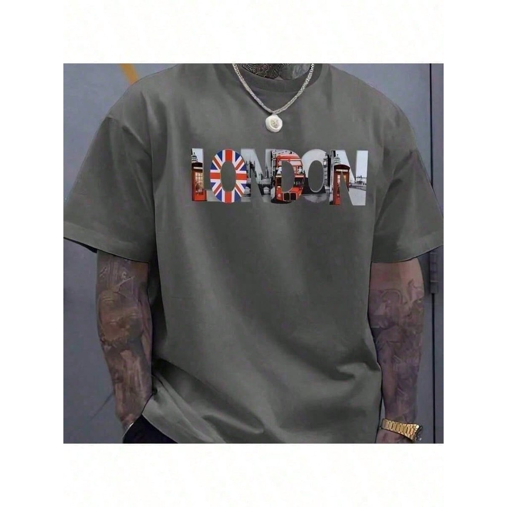 Camiseta Masculina de Manga Curta London City Print, Casual Confortável Gola Redonda Tops, Roupa Diária de Verão