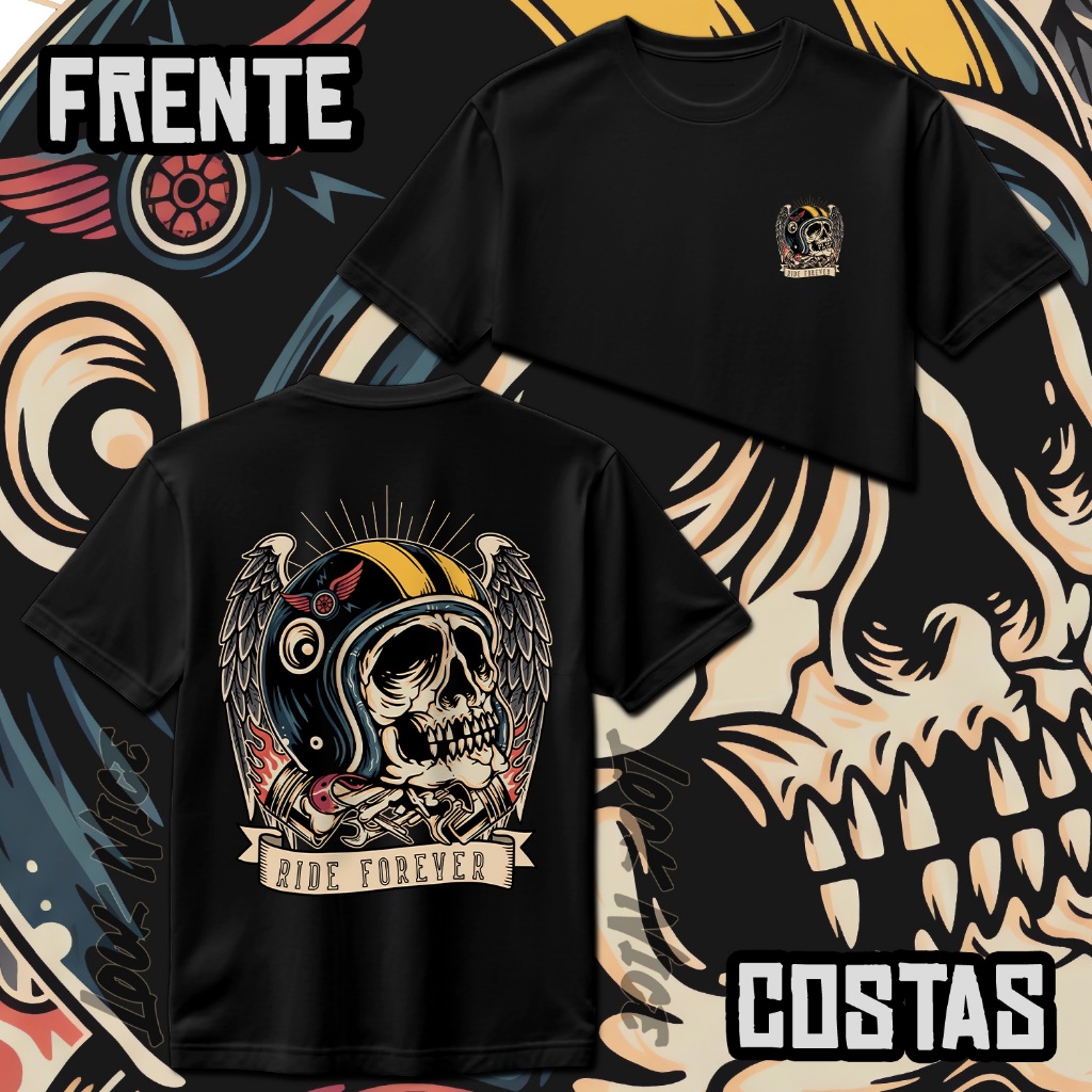 Camiseta Caveira Moto Old School Tradicional 100% Algodão Camisa Masculina Estampada Unissex - 1280