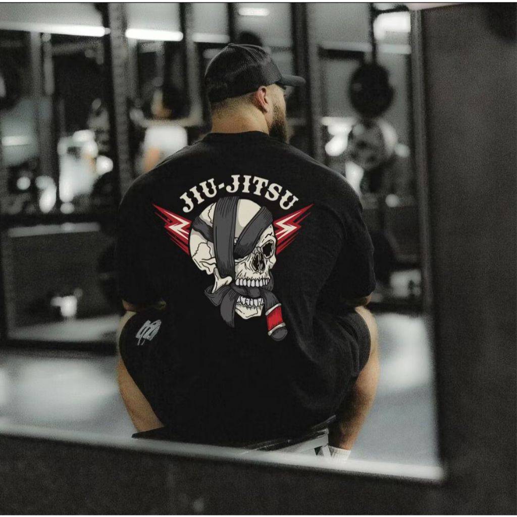 Camiseta Oversized Streetwear Estampa Jiu Jitsu Caveira Faixa Preta Algodão Premium OSS
