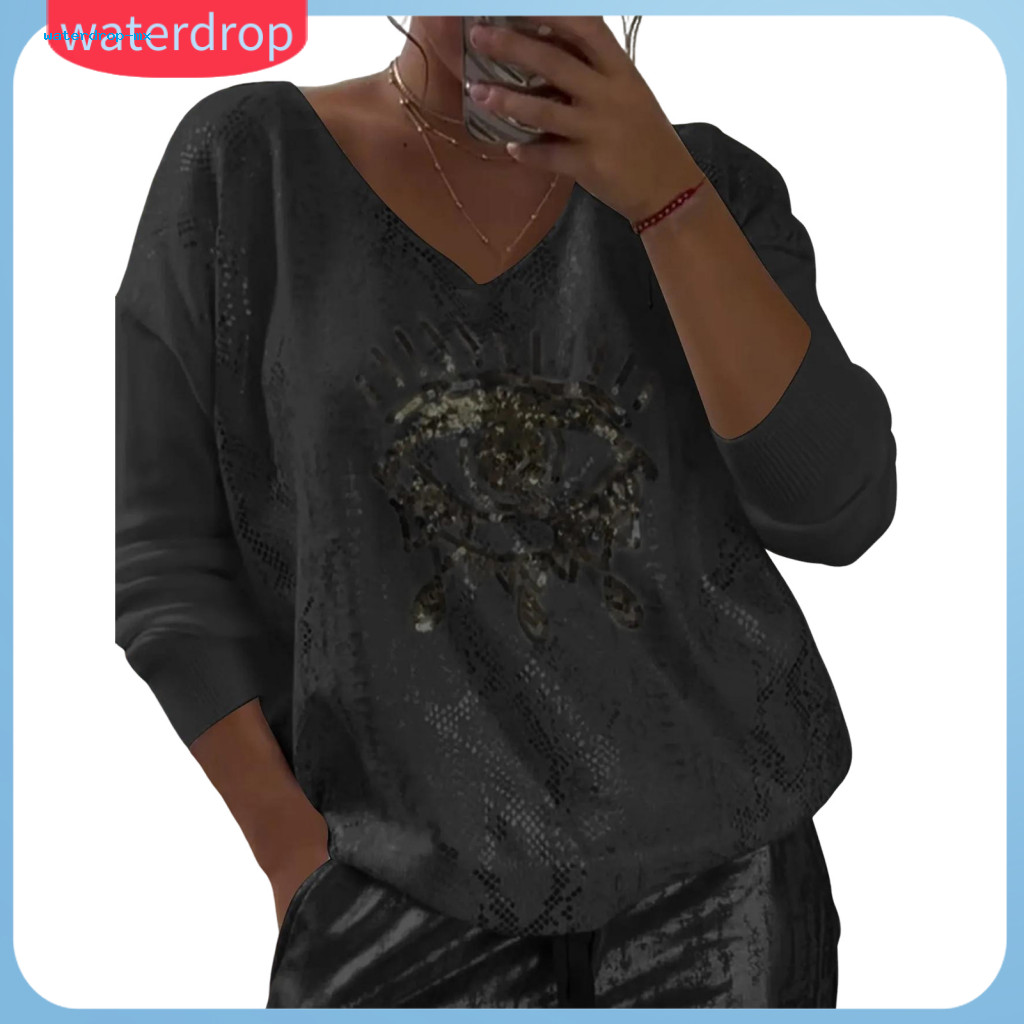 Women’s Long Sleeve Sweatshirt Round Neck Regular Fit Pullover with Sequin Eye Decoration and Hot Stamping Print – S