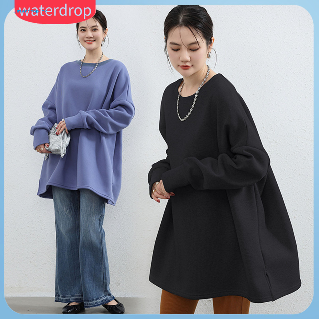 Women’s Fall Winter Sweatshirt Plush Lined Round Neck Loose Fit Slit Hem Elastic Cuffs Mid-length Solid Color Pullover