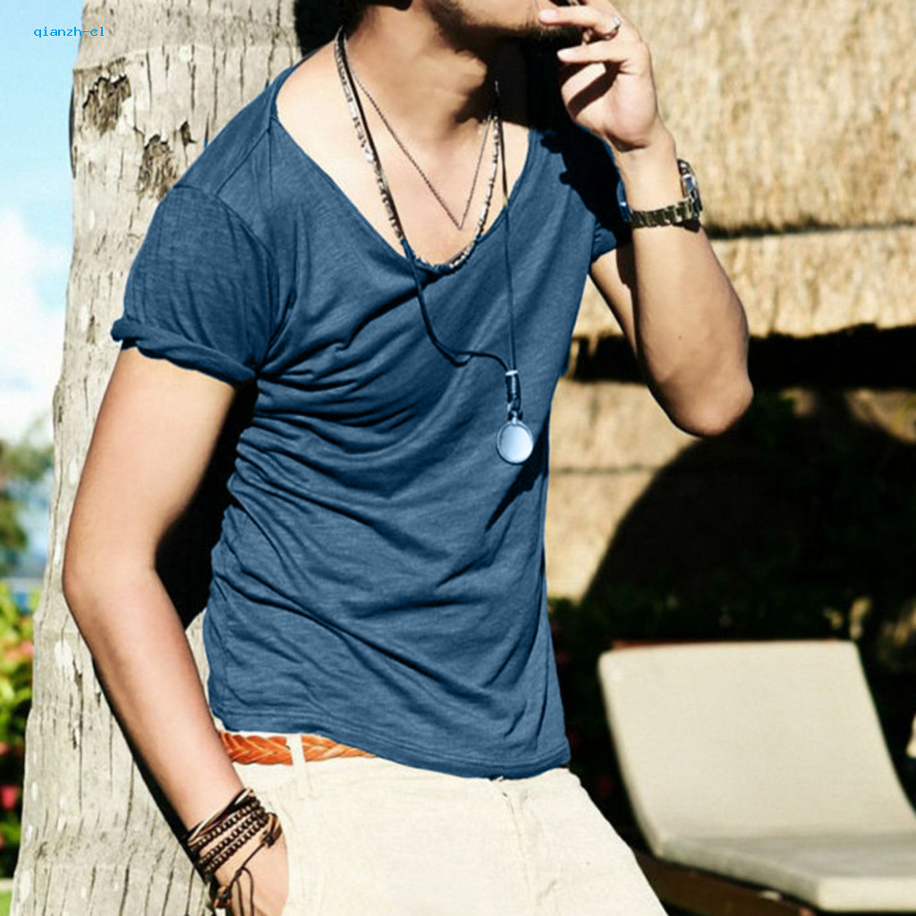 Slim-fit Solid Color Shirt Men Daily Tee Men's Summer V-neck T-shirt Slim Fit Breathable Soft Cotton Short Sleeve Casual