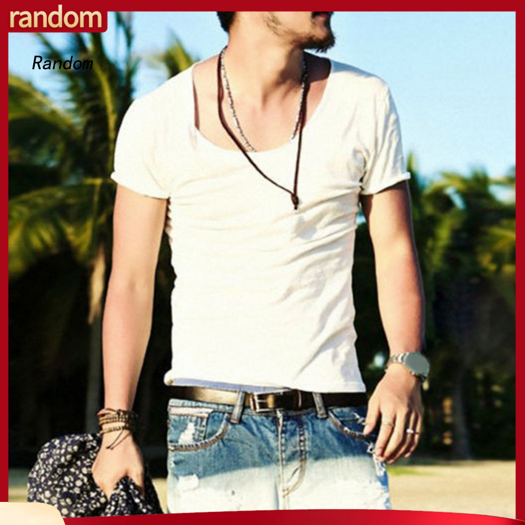 V-neck Shirt Men Casual Top Men's Summer T-shirt Slim Fit Breathable Soft Cotton Short Sleeve Tee Lightweight Stretchy f