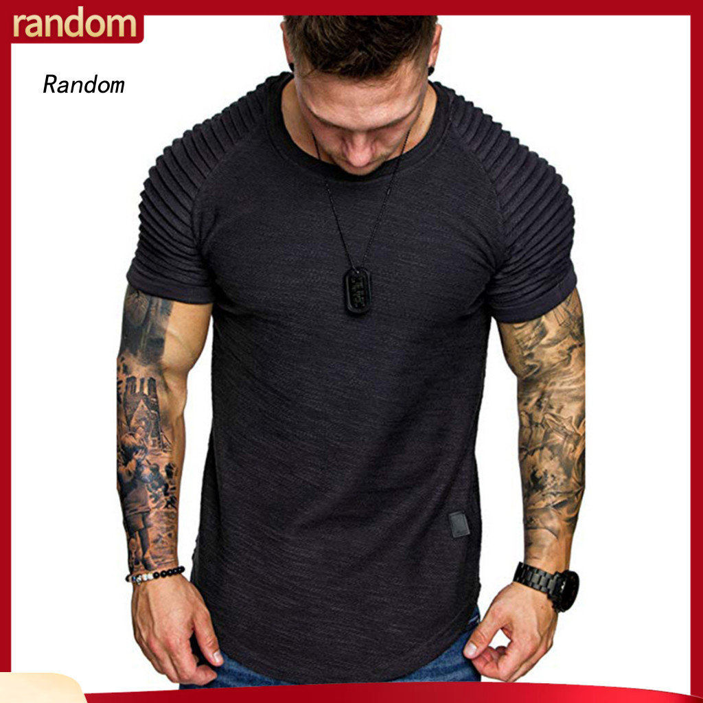 Wrinkled Raglan Short Sleeve T-shirt Men Cotton Blend Summer Men’s Slim Fit O-neck Pleated Pullover Solid Color for Ho