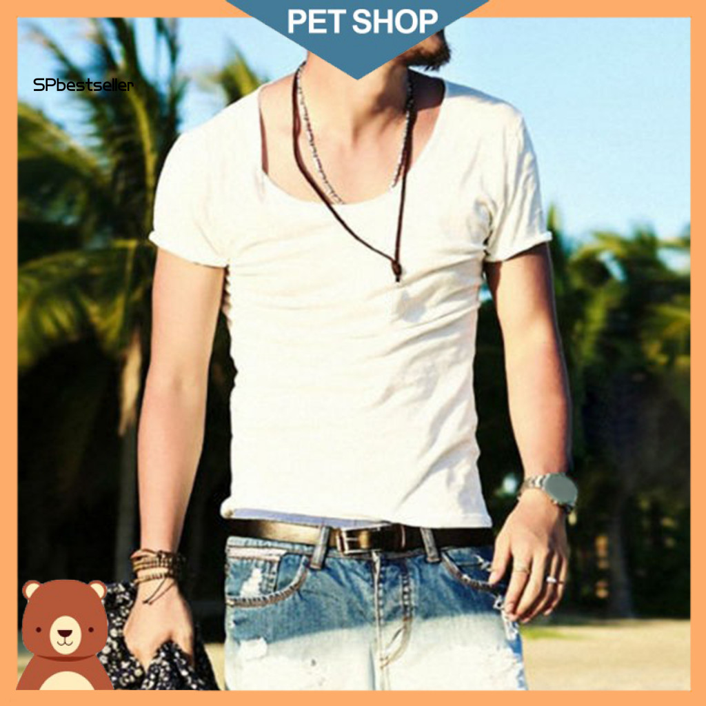 Solid Color Men Tee Summer Short-sleeve Top Men's V Neck T-shirt Slim Fit Breathable Soft Cotton Short Sleeve Casual Lig