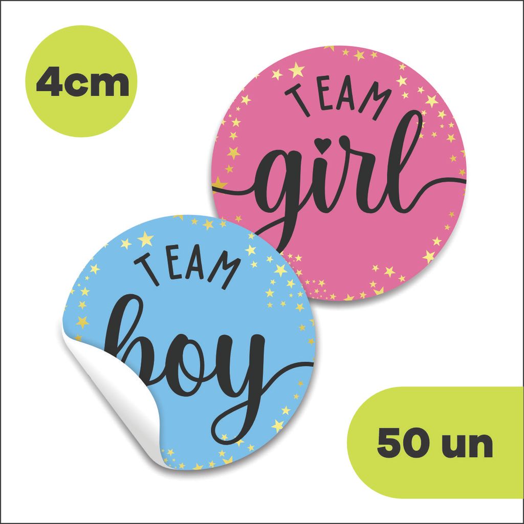 100 Adesivos Chá Revelação Team Girl Boy 4cm Rosa Azul