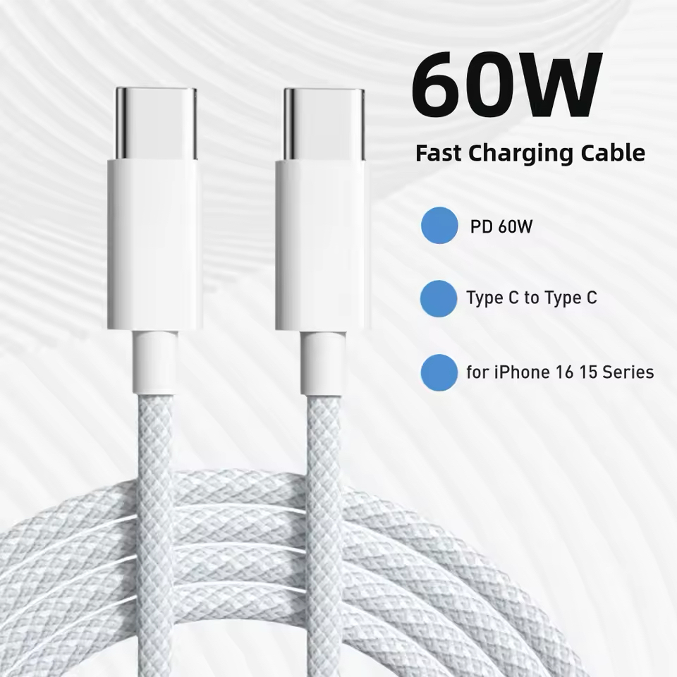 Cabo USB-C para Type-C de 2m com Carregamento Rápido PD 60W para iPhone 15/16, Android, Samsung e Huawei.