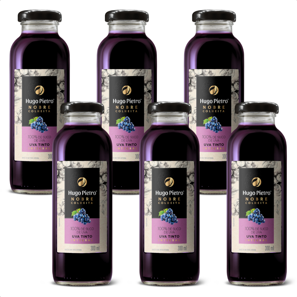 Kit 6 Suco de Uva Tinto Integral 300ml Hugo Pietro Garrafa Individual Nobre Colheita