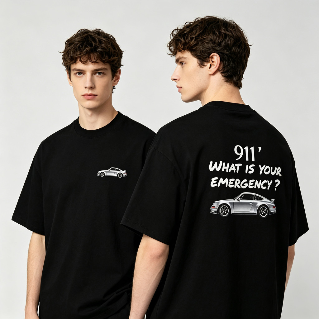 Rua Vestuário Camisa Masculina Preta de Algodão, Com Design de Carro e Texto 