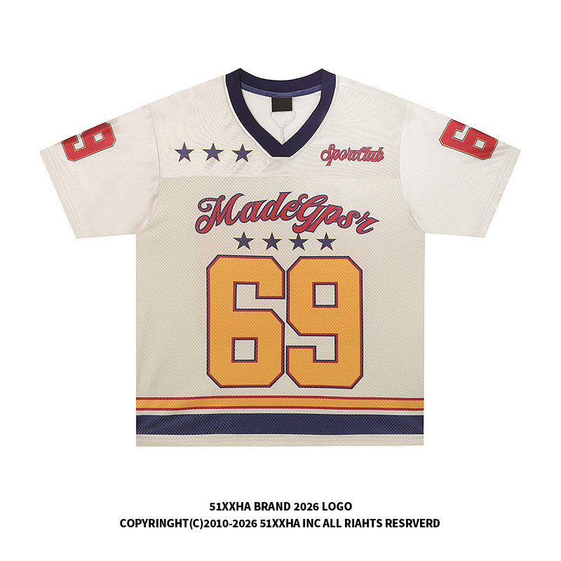 51 Hip-Hop American Mesh Hollow V-Neck Jersey Camiseta de manga curta masculina No. 69 Retro All-Match Futebol Esportes