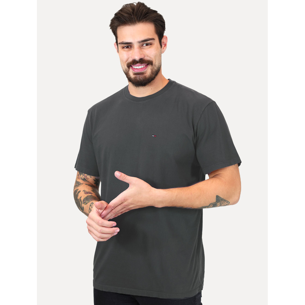 Camiseta Tommy Jeans Original Masculina Regular Jersey C-Neck Flag Chumbo