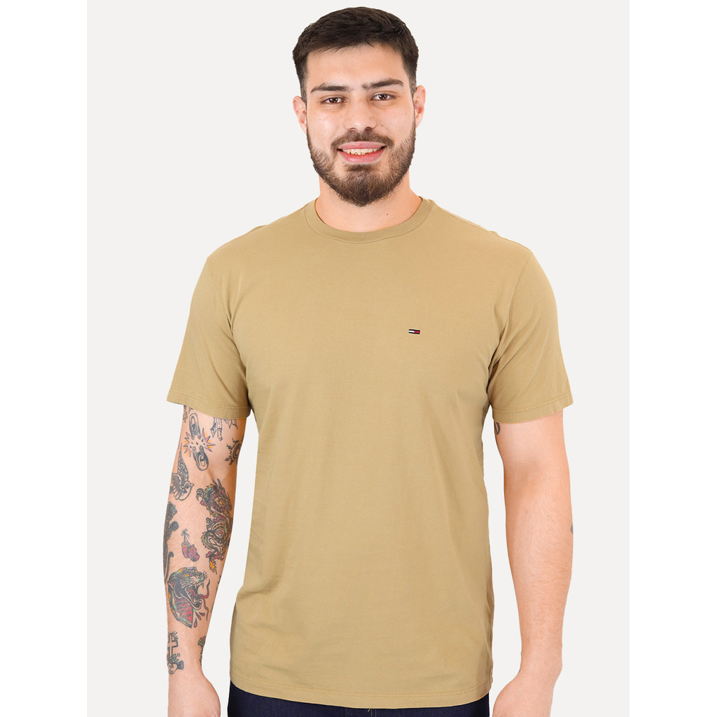 Camiseta Tommy Jeans Original Masculina Regular Jersey C-Neck Flag Marrom Claro
