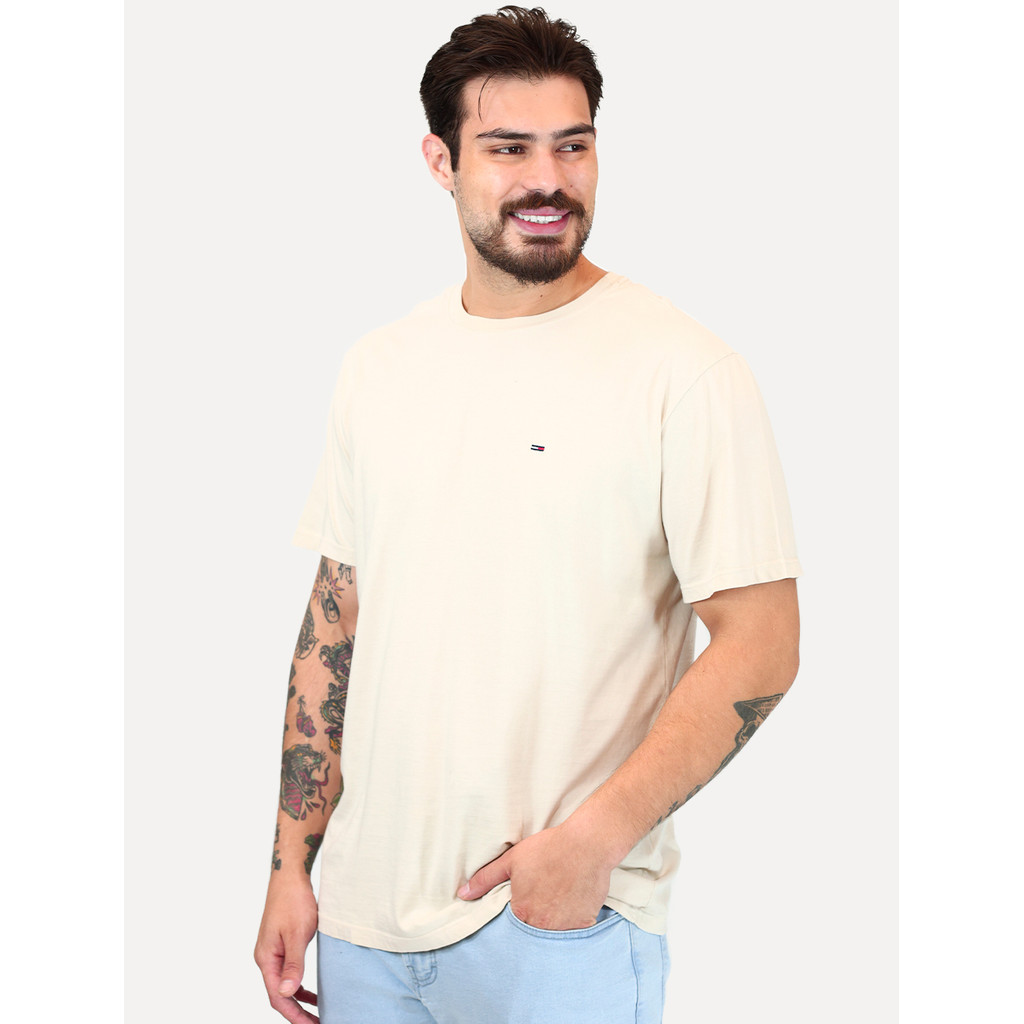 Camiseta Tommy Jeans Original Masculina Regular Jersey C-Neck Flag Areia