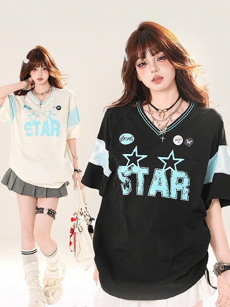2026 New Arrival Korean‑Style Oversized V‑Neck Star Graphic Jersey T‑Shirt, Unisex Mesh Breathable Casual Street Sports