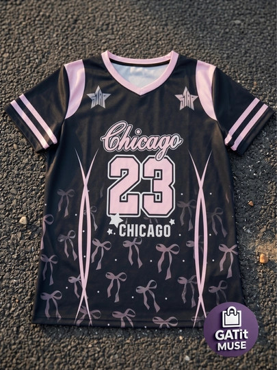 Oversize V‑Neck Women Jersey T‑Shirt, Cute Pink Bow Chicago Graphic Print Tee, Unisex Loose Quick‑Dry Streetwear Sports
